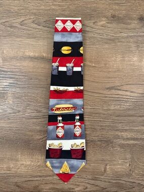 Tabasco Novelty Men's Tie - Red, Black Gray Fast Food Fried chicken fries burger